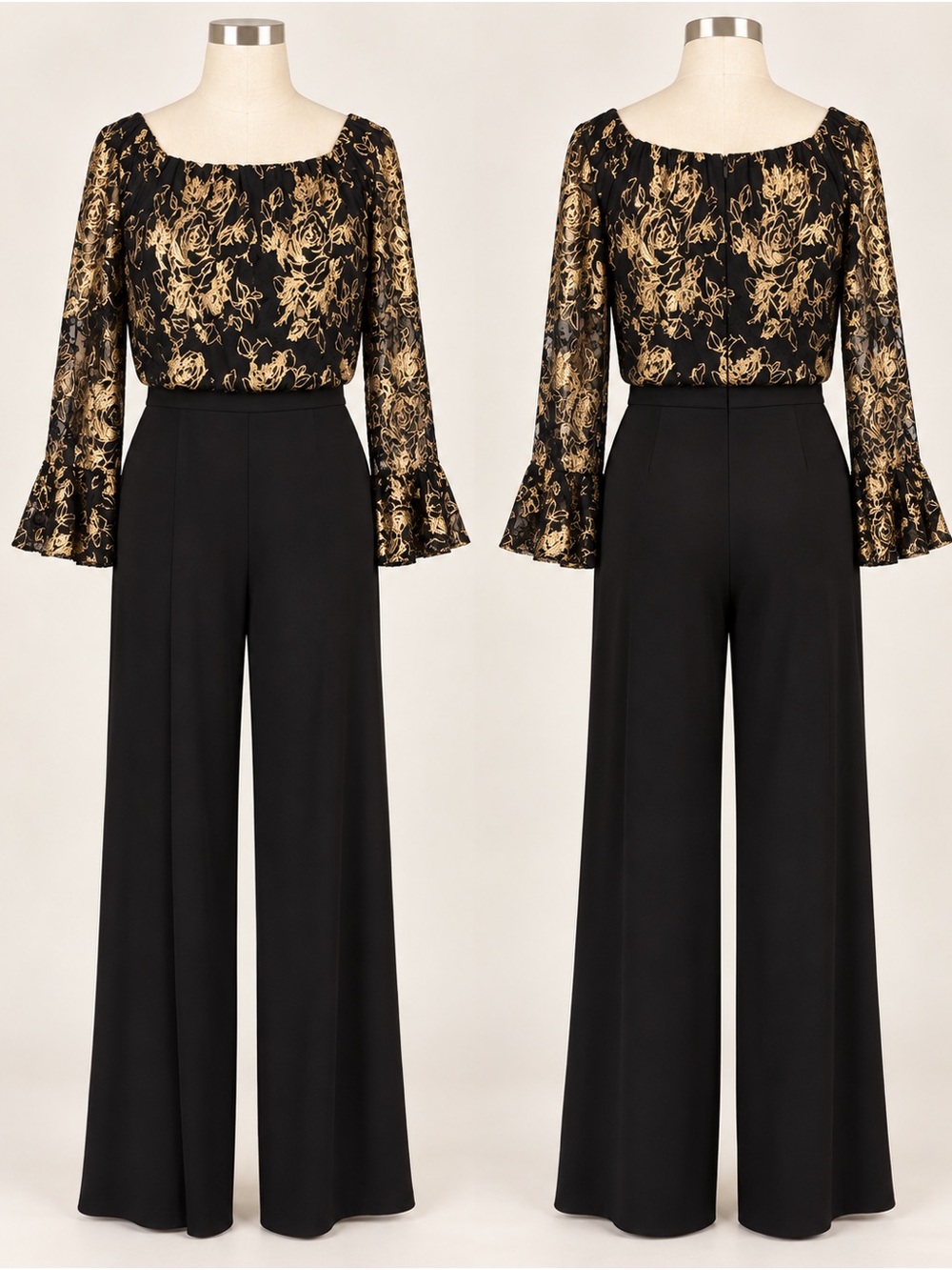 Adrianna Papell Black Wide-Leg Palazzo Pantsuit with Gold Accent